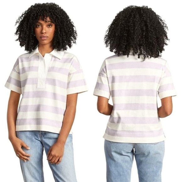 Everlane Tops - Everlane Purple And White Striped Short Sleeve The Retro Jersey Polo Shirt S NWT